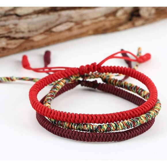 Handmade Tibetan Buddhist Prayer Rope Bracelet - Adjustable Red String for All - Picture 3 of 8
